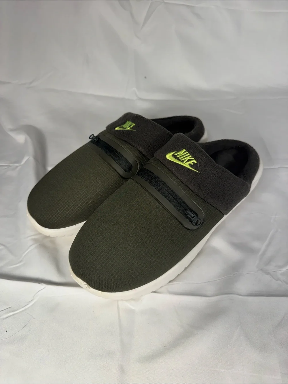 Nike Olive Green Slip-On Clog with Lime Swoosh Accent
